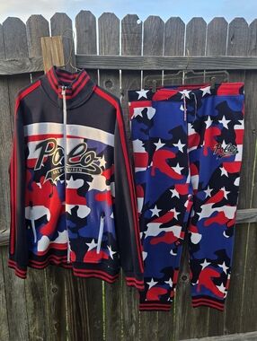 Ralph Lauren Polo Red, White, and Blue Camo Jogging Suit.